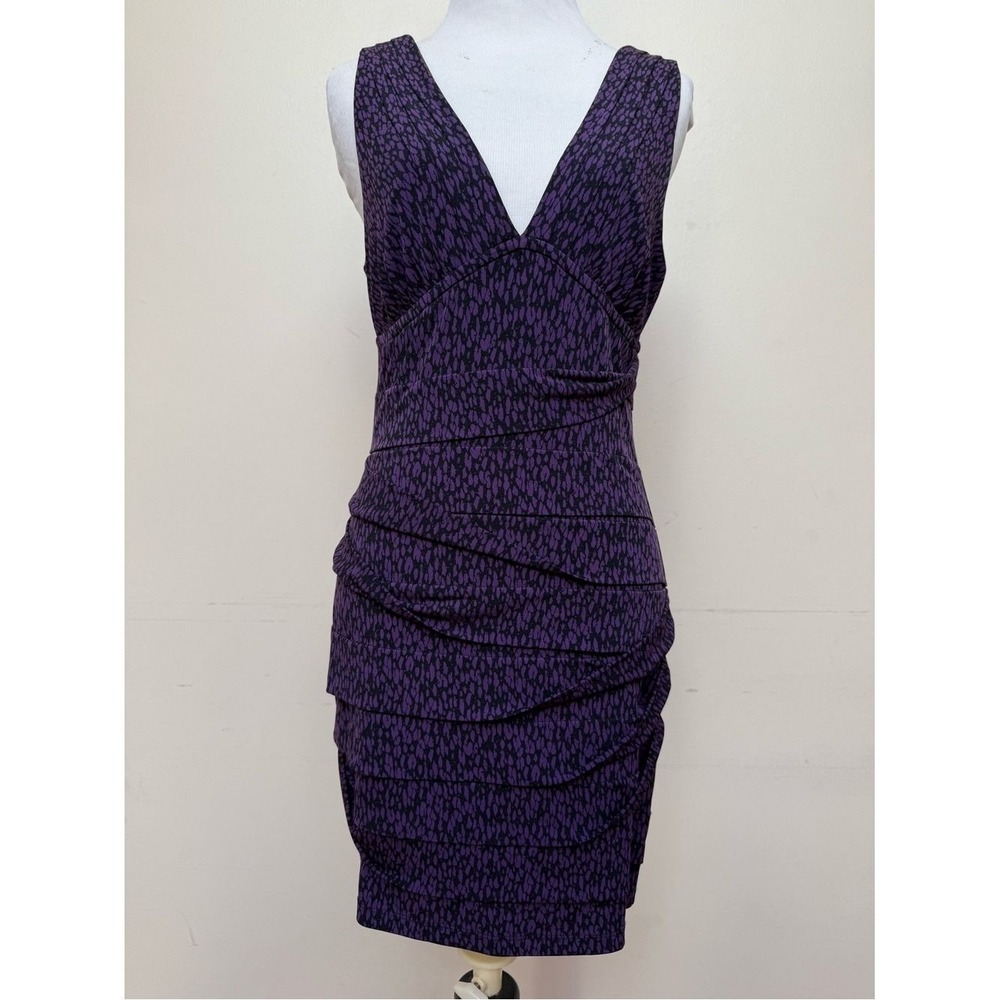 BCBGeneration Ruched Bodycon Mini Dress Purple Black Abstract KVV6H589 Small